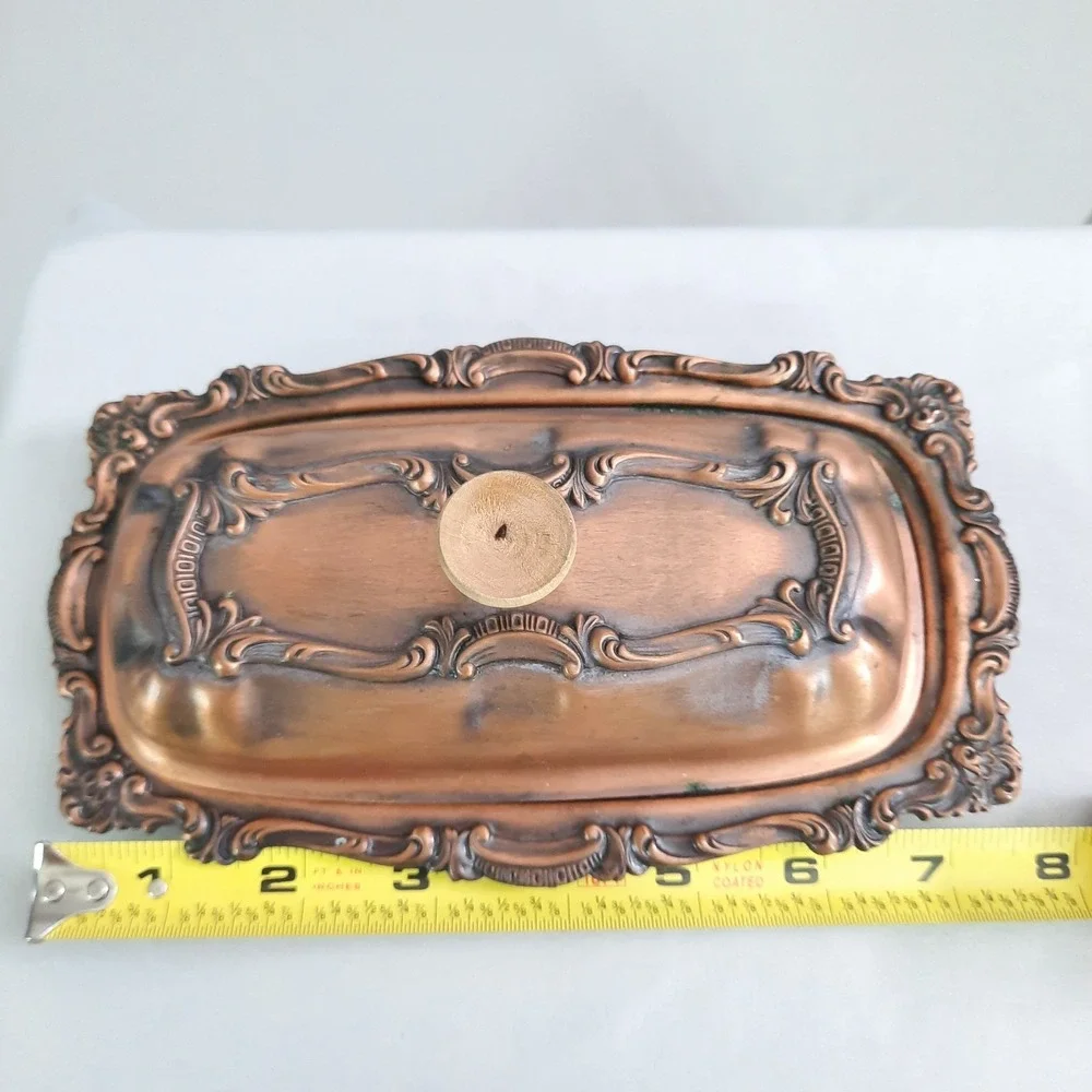 Vintage Copper Covered Butter Dish with Glass Insert Lid Ornate Cottagecore